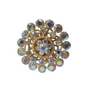 1960s Gold PlateAurora Borealis Rhinestones Statement Round Pinwheel Pin Brooch
